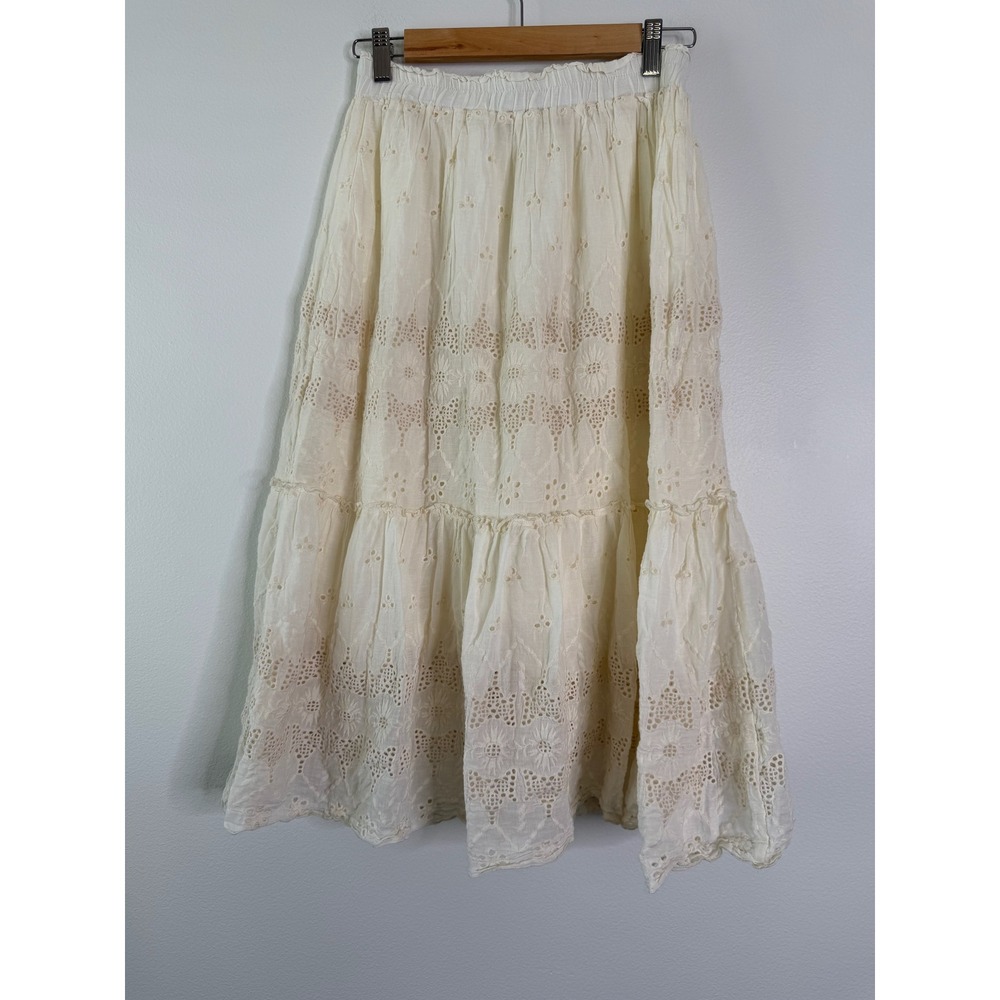 Liv Los Angeles Cream Eyelet Cotton Tiered Midi Skirt Small Boho Cottagecore - Picture 3 of 7